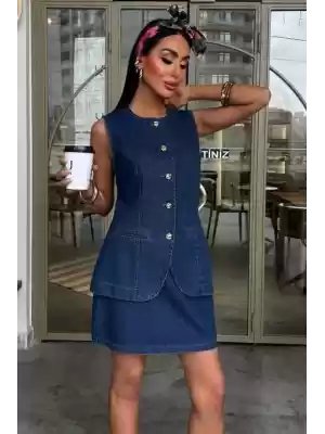 Kolsuz Yelekli Mini Etekli Denim Takım 10164