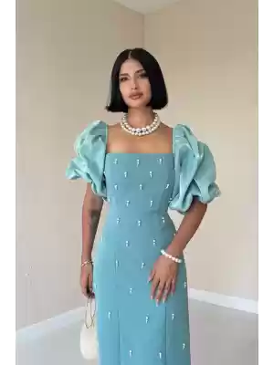 Mint İşlemeli Kolu Garnili Elbise
