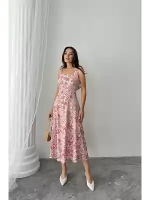 Pembe Çiçekli Viskon Elbise