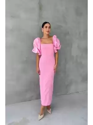 Pembe İşlemeli Kolu Garnili Elbise