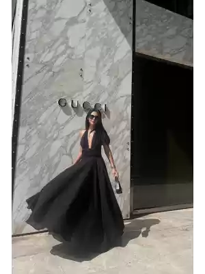 Siyah Askılı Keten Elbise