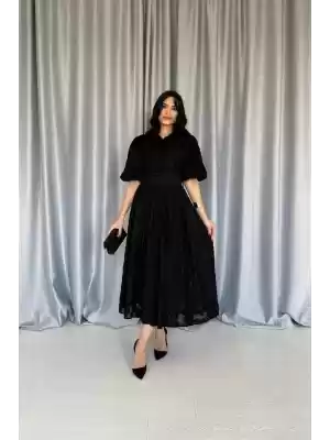 Siyah Kemerli Balon Kollu Elbise