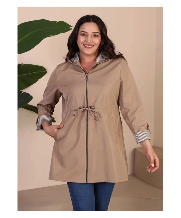 Kadin Kisa Tesettur Trenckot Buyuk Beden Fermuarlı Trenc