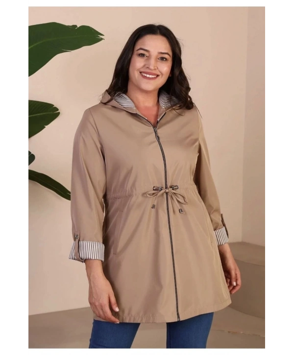 Kadin Kisa Tesettur Trenckot Buyuk Beden Fermuarlı Trenc