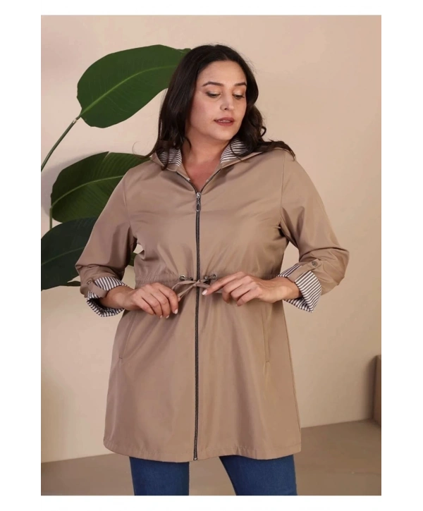 Kadin Kisa Tesettur Trenckot Buyuk Beden Fermuarlı Trenc