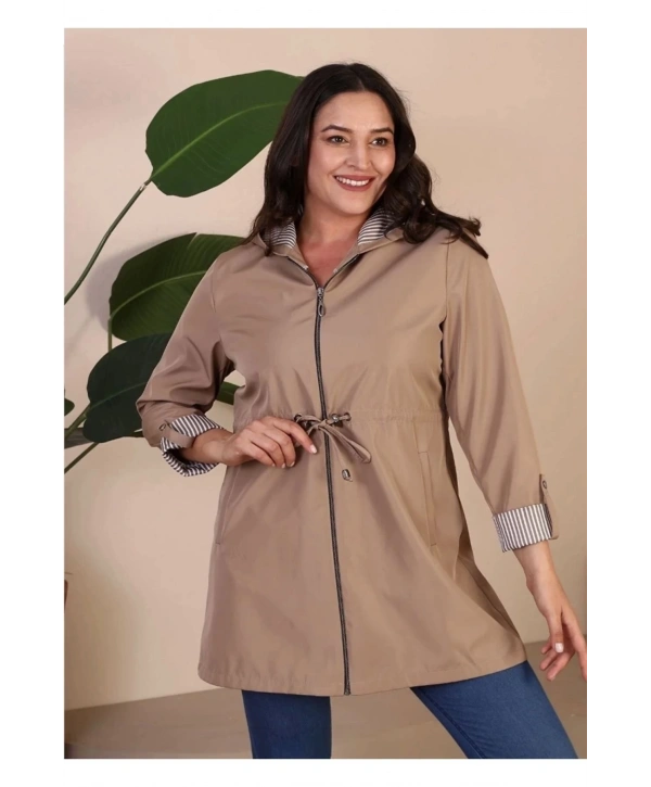 Kadin Kisa Tesettur Trenckot Buyuk Beden Fermuarlı Trenc