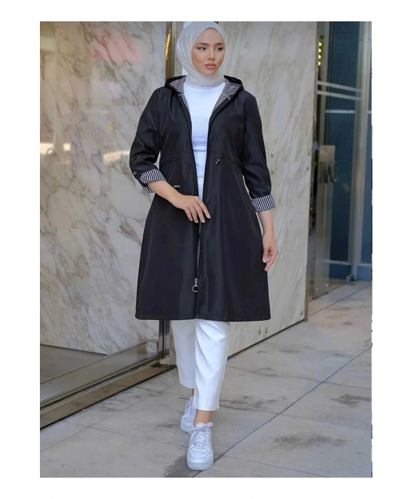 Kadin Kisa Tesettur Trenckot Buyuk Beden Fermuarlı Trenc
