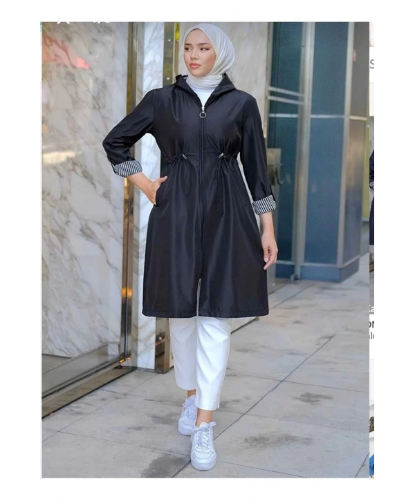Kadin Kisa Tesettur Trenckot Buyuk Beden Fermuarlı Trenc