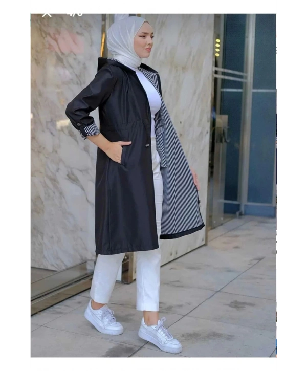Kadin Kisa Tesettur Trenckot Buyuk Beden Fermuarlı Trenc