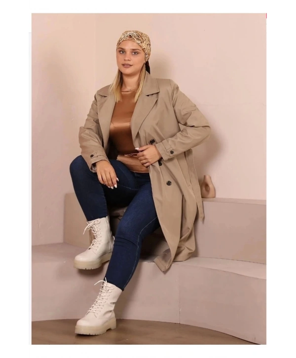 Kadın Kemerli Astarlı Uzun Trençkot
