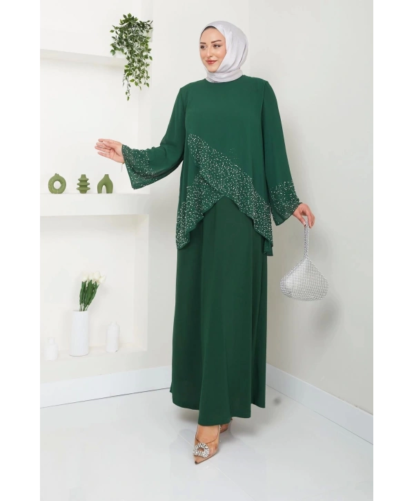 Kadın Büyük Beden Abiye Elbise İnci Taş Baskılı Tesettür Abiye Elbise