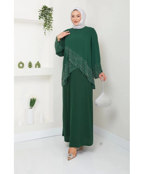 Kadın Büyük Beden Abiye Elbise İnci Taş Baskılı Tesettür Abiye Elbise