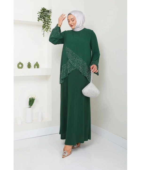 Kadın Büyük Beden Abiye Elbise İnci Taş Baskılı Tesettür Abiye Elbise