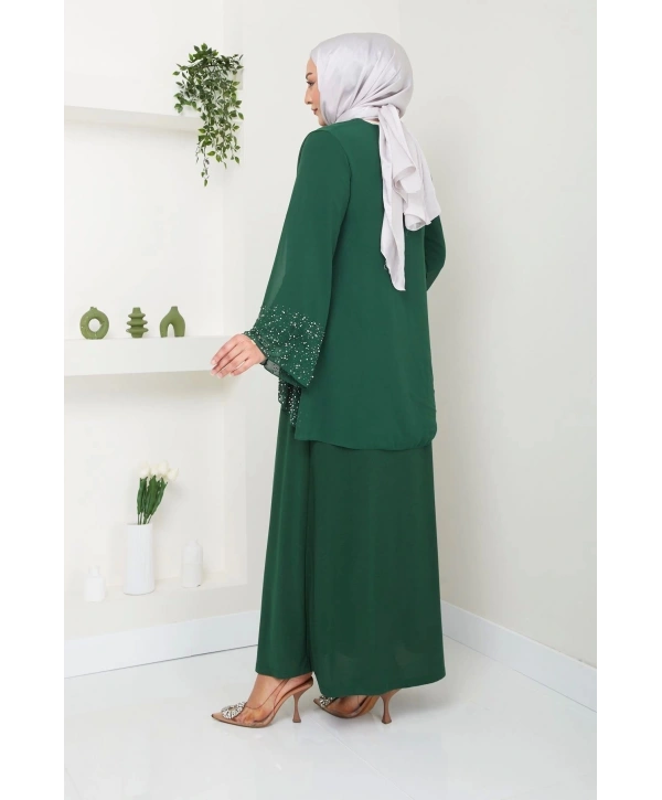 Kadın Büyük Beden Abiye Elbise İnci Taş Baskılı Tesettür Abiye Elbise