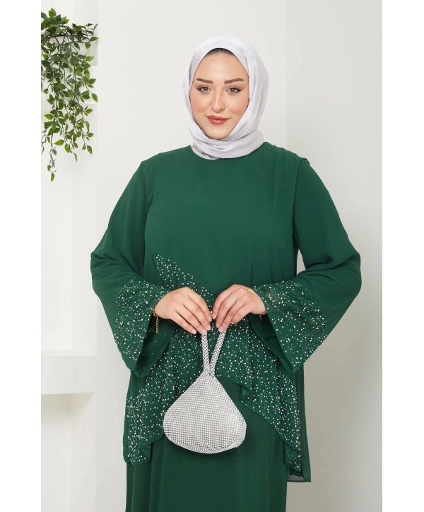 Kadın Büyük Beden Abiye Elbise İnci Taş Baskılı Tesettür Abiye Elbise