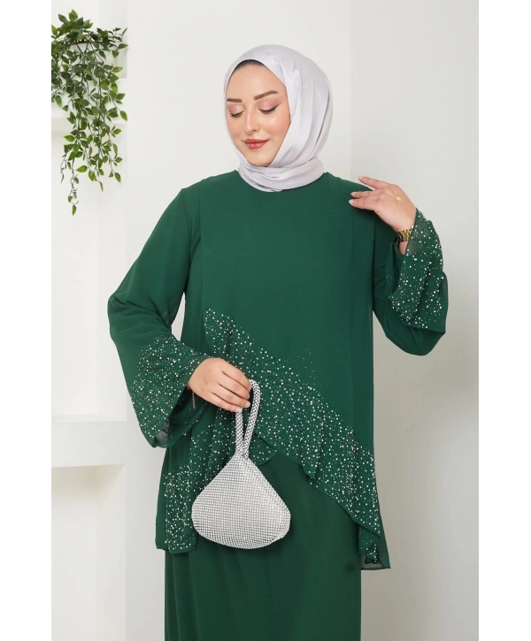 Kadın Büyük Beden Abiye Elbise İnci Taş Baskılı Tesettür Abiye Elbise