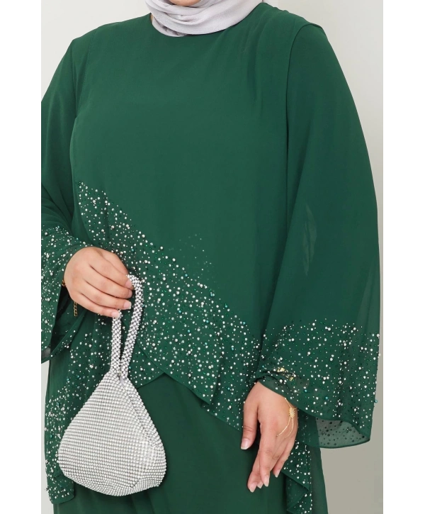 Kadın Büyük Beden Abiye Elbise İnci Taş Baskılı Tesettür Abiye Elbise