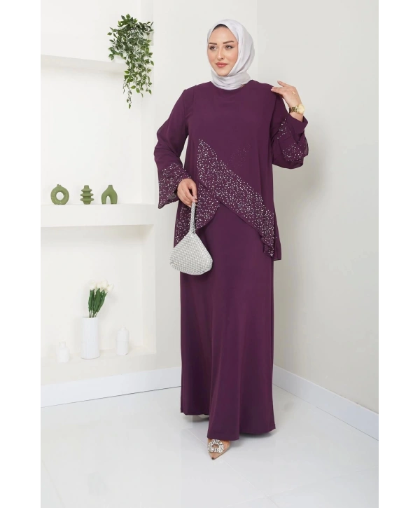 Kadın Büyük Beden Abiye Elbise İnci Taş Baskılı Tesettür Abiye Elbise