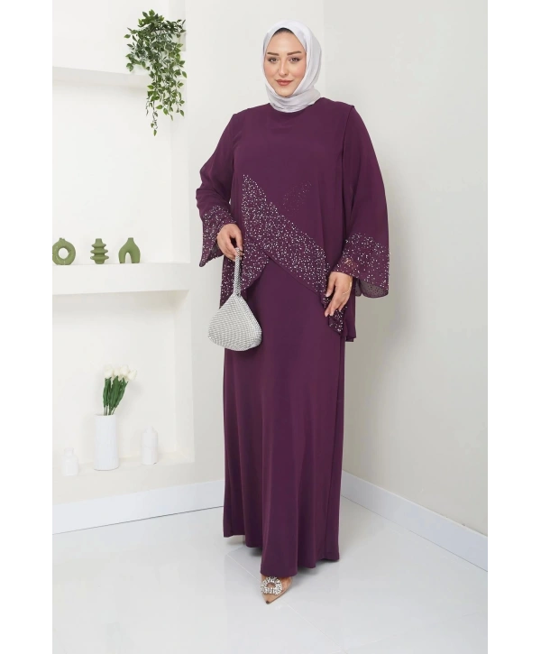 Kadın Büyük Beden Abiye Elbise İnci Taş Baskılı Tesettür Abiye Elbise