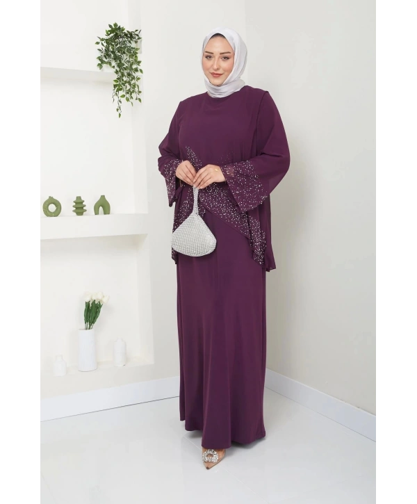 Kadın Büyük Beden Abiye Elbise İnci Taş Baskılı Tesettür Abiye Elbise