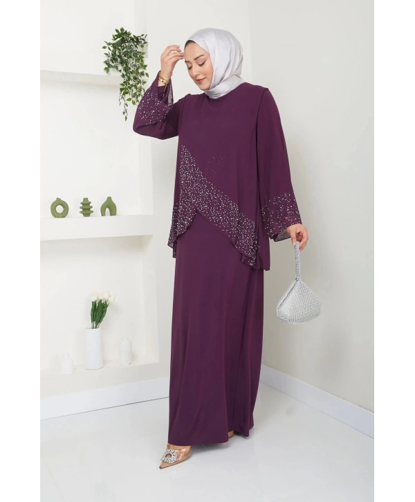 Kadın Büyük Beden Abiye Elbise İnci Taş Baskılı Tesettür Abiye Elbise