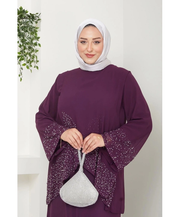 Kadın Büyük Beden Abiye Elbise İnci Taş Baskılı Tesettür Abiye Elbise