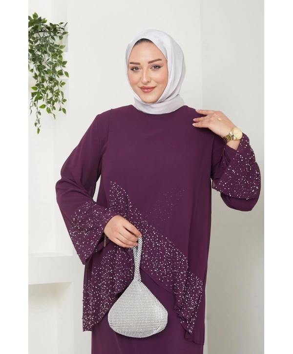 Kadın Büyük Beden Abiye Elbise İnci Taş Baskılı Tesettür Abiye Elbise