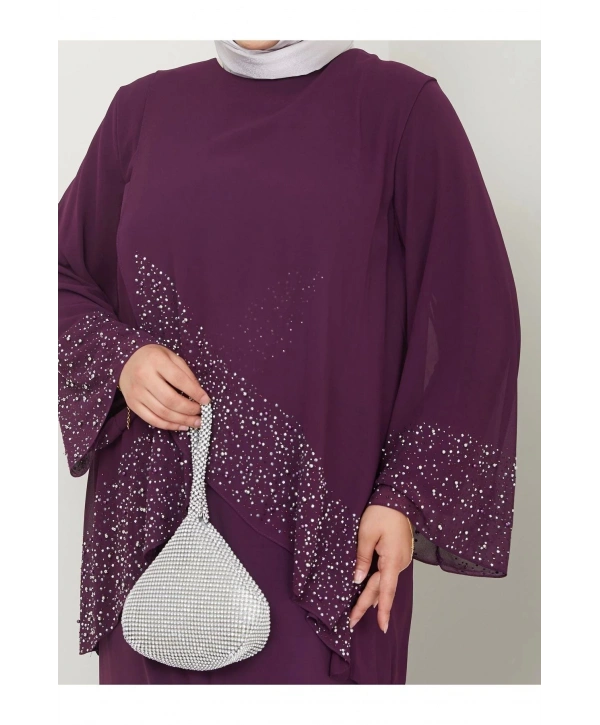 Kadın Büyük Beden Abiye Elbise İnci Taş Baskılı Tesettür Abiye Elbise