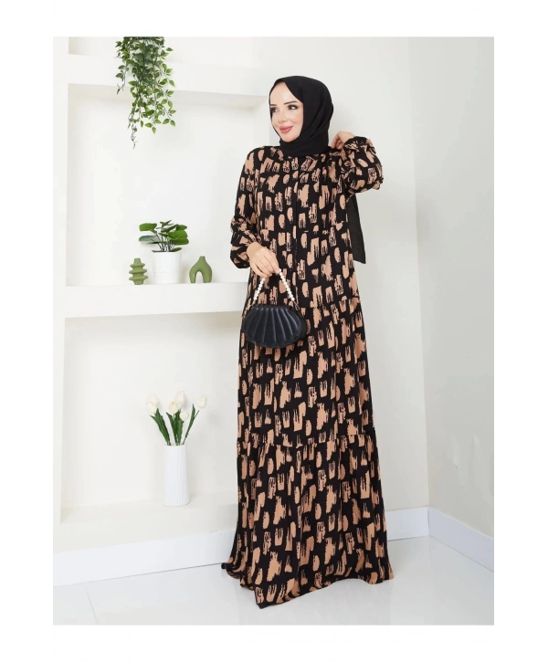 Kadın Uzun Desenli Viskon Elbise