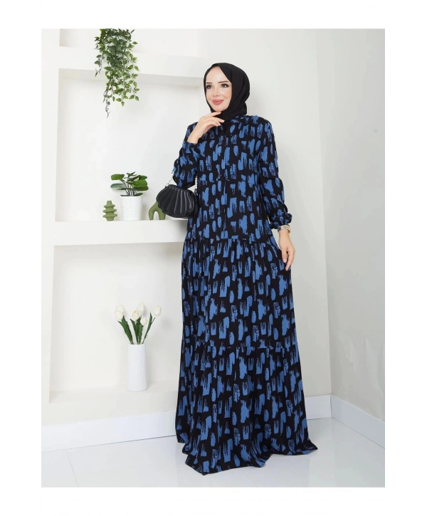 Kadın Uzun Desenli Viskon Elbise