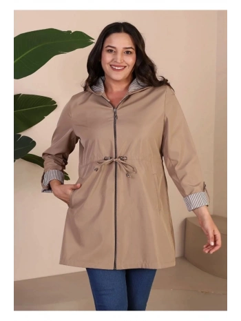 Kadin Kisa Tesettur Trenckot Buyuk Beden Fermuarlı Trenc