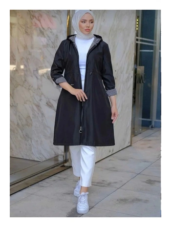 Kadin Kisa Tesettur Trenckot Buyuk Beden Fermuarlı Trenc