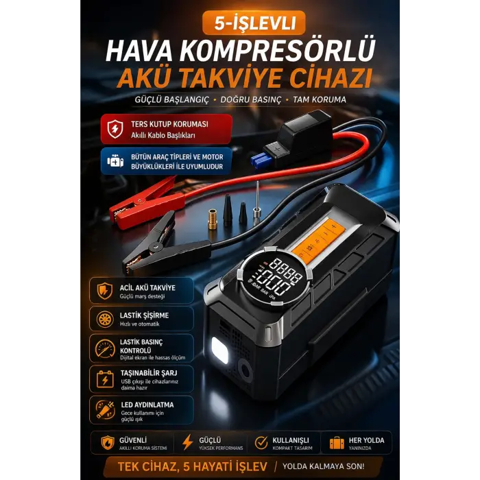 Auhma A8899 Akü Takviye Cihazı & Hava Kompresörü - 80000mAh Powerbank, 150 PSI, 1000A Peak, LED Fener