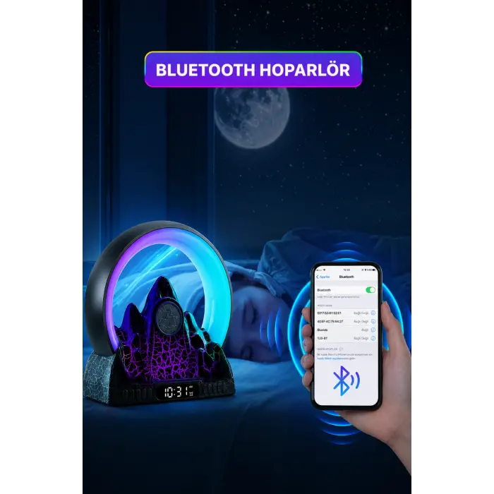 JRL NL20 Akıllı Volkanik Lambası - Bluetooth Hoparlör, Uygulama Kontrollü RGB Gece Lambası ve Çalar Saat