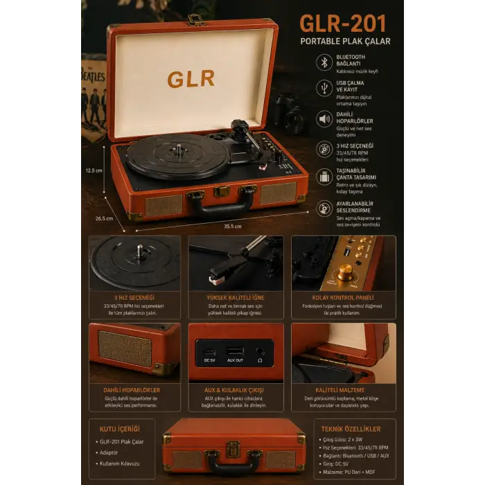 Glr 201 Nostaljik Çanta Pikap - Bluetooth  Şarjlı, USB Kayıt Özellikli, 3 Vitesli Plak Çalar