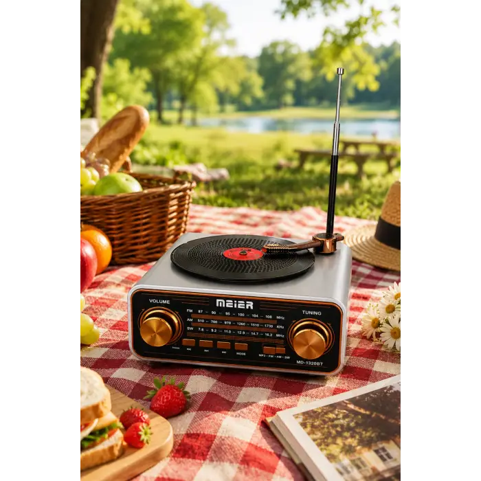Meier MD-1320BT Gri Nostaljik Görünümlü Bluetooth Hoparlör ve 3 Bantlı Şarjlı Radyo