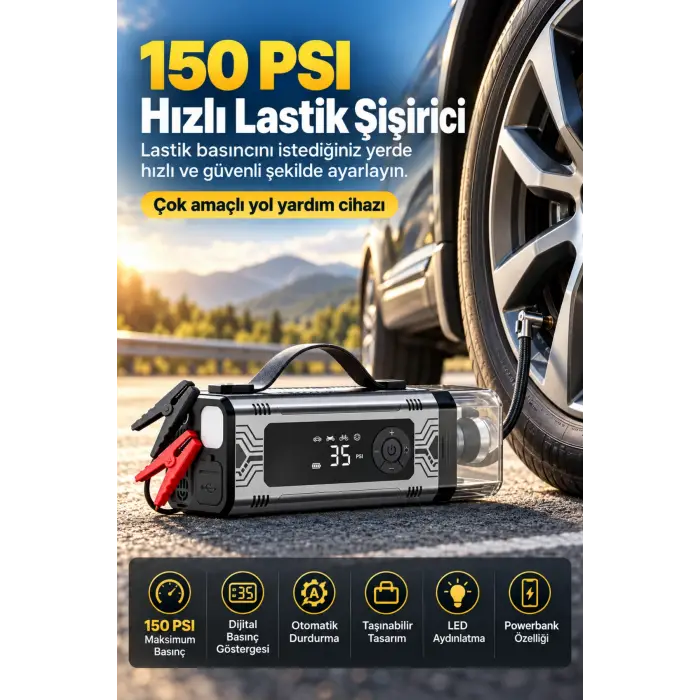 Castu Cs89 Plus Max 18.000 Mah 8 in 1 Araç Akü Takviye Cihazı Dijital Kompresör Araç Süpürgesi Powerbank