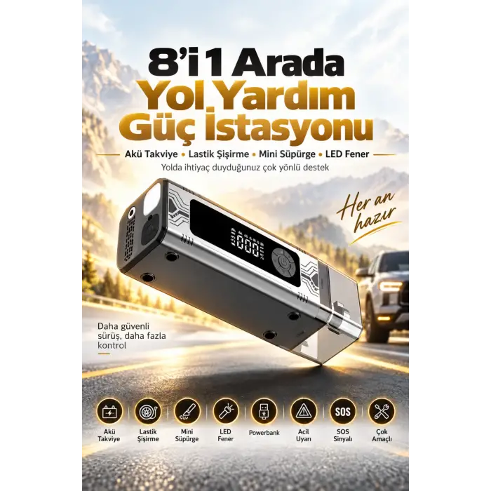Castu Cs89 Plus Max 18.000 Mah 8 in 1 Araç Akü Takviye Cihazı Dijital Kompresör Araç Süpürgesi Powerbank