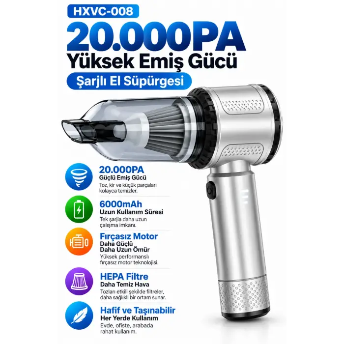 Harvox HXVC-008 20.000 Pa Güçlü Kablosuz Şarjlı Araç Ev El Süpürgesi