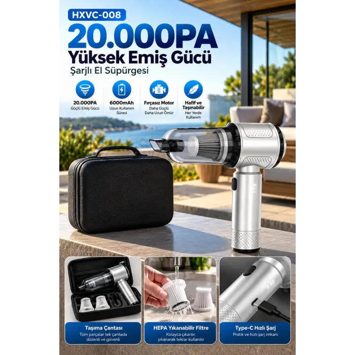 Harvox HXVC-008 20.000 Pa Güçlü Kablosuz Şarjlı Araç Ev El Süpürgesi