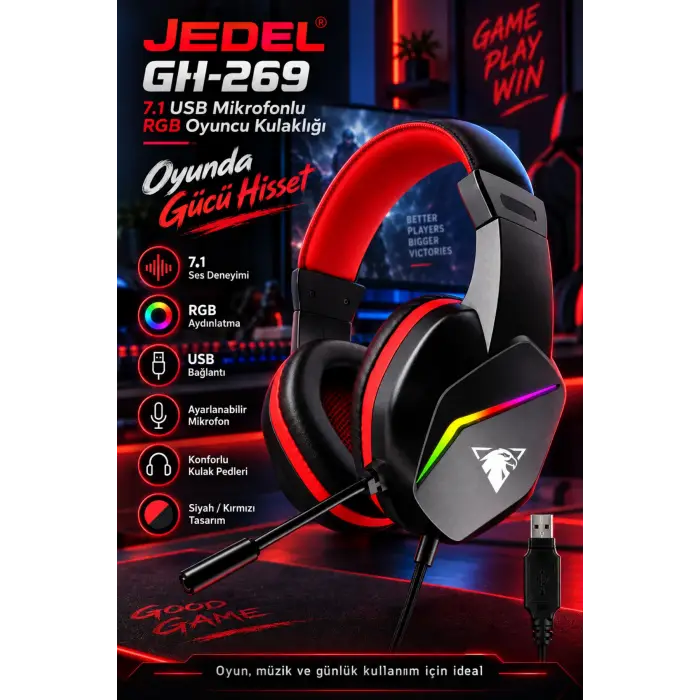 Jedel Gaming GH-269 7.1 USB Mikrofonlu RGB Oyuncu Kulaklığı - Siyah/Kırmızı
