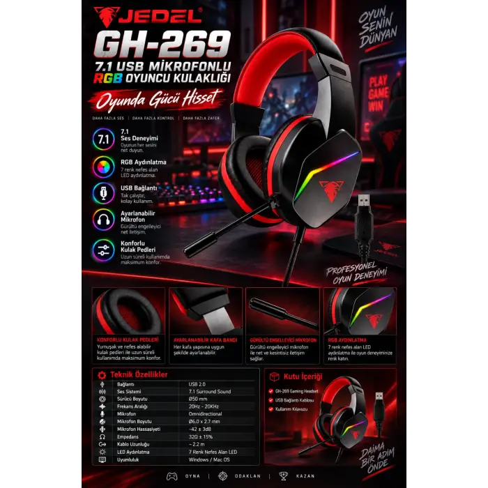 Jedel Gaming GH-269 7.1 USB Mikrofonlu RGB Oyuncu Kulaklığı - Siyah/Kırmızı