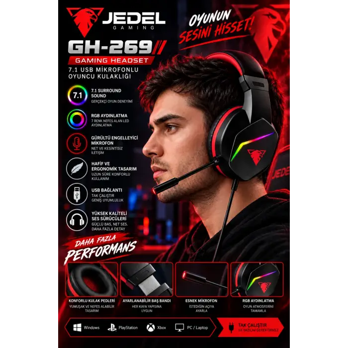 Jedel Gaming GH-269 7.1 USB Mikrofonlu RGB Oyuncu Kulaklığı - Siyah/Kırmızı