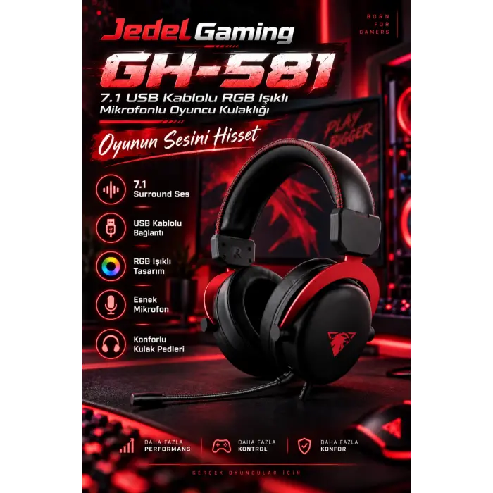 Jedel Gaming GH-581 7.1 USB Kablolu RGB Işıklı Mikrofonlu Oyuncu Kulaklığı
