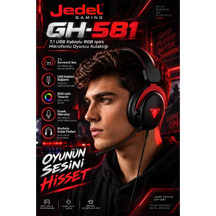 Jedel Gaming GH-581 7.1 USB Kablolu RGB Işıklı Mikrofonlu Oyuncu Kulaklığı