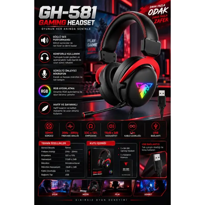 Jedel Gaming GH-581 7.1 USB Kablolu RGB Işıklı Mikrofonlu Oyuncu Kulaklığı