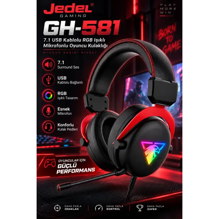 Jedel Gaming GH-581 7.1 USB Kablolu RGB Işıklı Mikrofonlu Oyuncu Kulaklığı