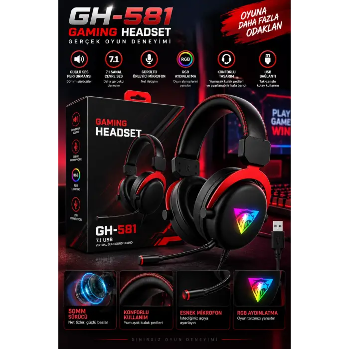 Jedel Gaming GH-581 7.1 USB Kablolu RGB Işıklı Mikrofonlu Oyuncu Kulaklığı