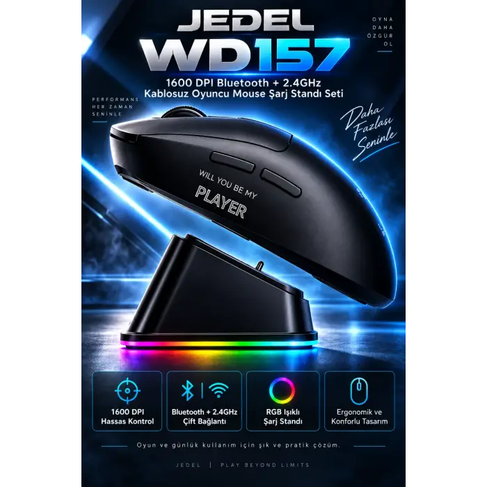 Jedel WD157 1600 DPI Bluetooth + 2.4GHz Kablosuz Oyuncu Mouse Şarj Standı Seti