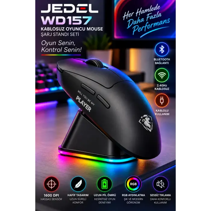 Jedel WD157 1600 DPI Bluetooth + 2.4GHz Kablosuz Oyuncu Mouse Şarj Standı Seti